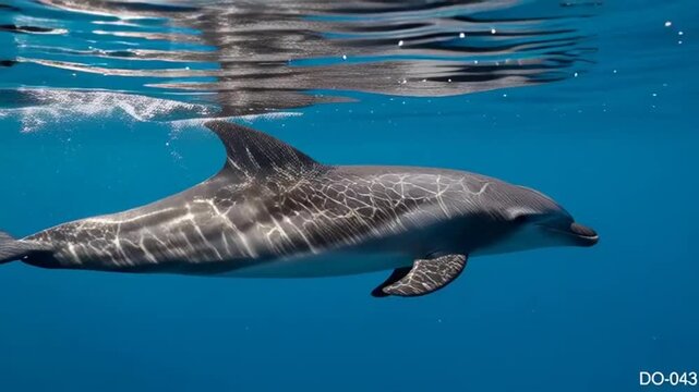 Graceful Striped Dolphin Swimming Underwater in Clear Blue Ocean Waters.