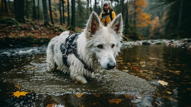 A dog walks through a puddle. Park, autumn leaves, a man in the back. The picture was taken on ** Nikon Z9, 85 mm f/1.8**. Cloudy, even light, organic colors, an emphasis on dirty textures and movemen