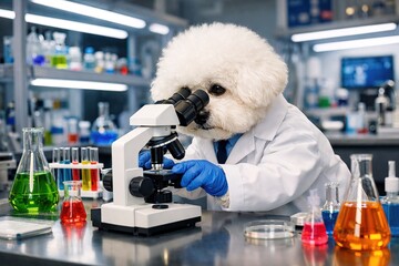 Scientist Dog Examining a Sample Under a Microscope in a Laboratory