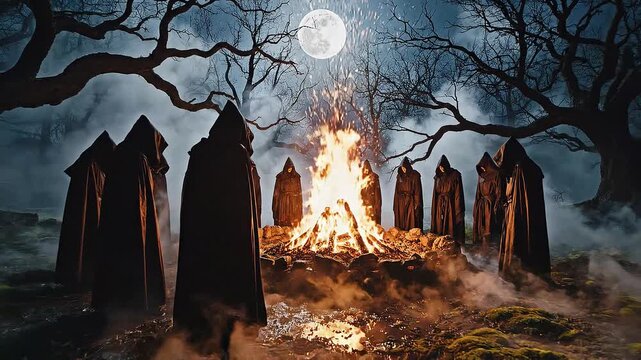 Mysterious Cloaked Figures Gathering Around a Bonfire in Dark Forest