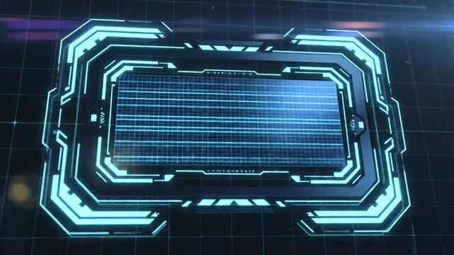Futuristic digital interface displaying blue grid pattern within neon-lit rectangular frame on dark technological background
