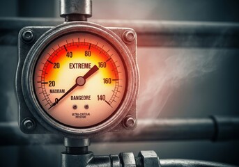 Critical industrial gauge showing extreme temperature and pressure, warning of imminent system failure and dangerous overheating conditions, system, emergency, indicator