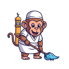 Cartoon monkey in white Islamic outfit holding a broom with a mosque behind on a white background. © Lumina