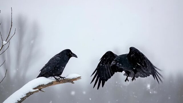 Two ravens and a flying raven in a wintry snowy landscape.