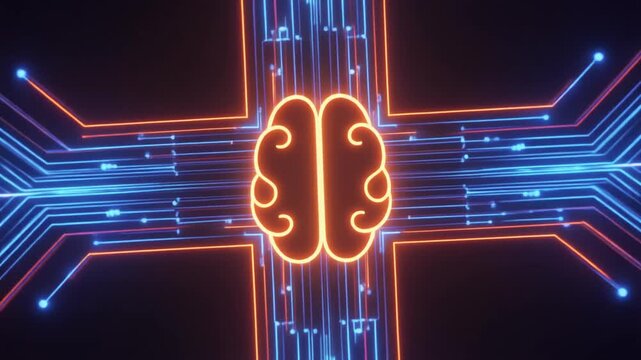Abstract futuristic illustration of a glowing orange brain circuitry pattern on a dark background