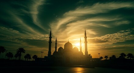 Naklejka premium Majestic Mosque Silhouette Against a Dramatic Golden Sunset Sky with Minarets and Palm Trees, Evoking Islamic Spirituality