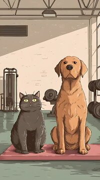 Animated grey cat and brown labrador dog sitting on a pink yoga mat in a gym setting