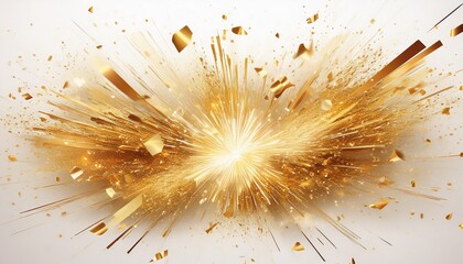 Obraz premium a burst of golden glitter and confetti exploding outwards from a central point creating a dynamic and celebratory effect on a white background
