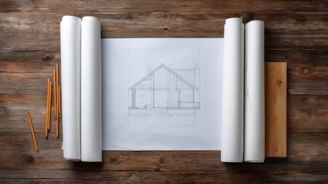 Architectural Blueprint on Wooden Table with Rolled Plans and Pencils Showcasing House Design and Construction Elements for Design Projects