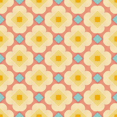 Seamless vintage geometric floral pattern in warm yellow, pink and teal. Mid-century modern textile background with linen canvas texture for spring wallpaper, home decor and surface design.
