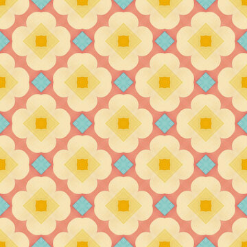 Seamless vintage geometric floral pattern in warm yellow, pink and teal. Mid-century modern textile background with linen canvas texture for spring wallpaper, home decor and surface design.
