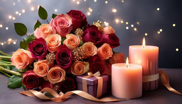 premium bouquets of roses with decorative candles and gift packaging
