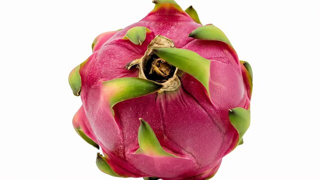Close-up of a vibrant pink dragon fruit with green leafy scales on a bright white background.