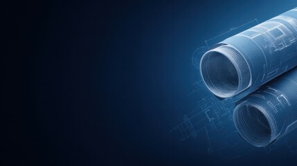 Fototapeta premium Blueprint Roll with Technical Drawings and Digital Design Elements on a Dark Blue Background for Innovative Architectural and Engineering Projects