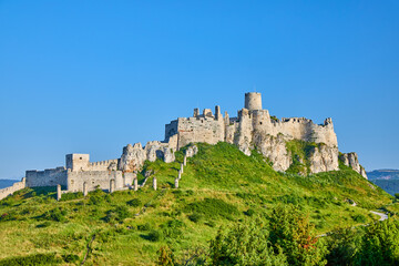 Side view of the ruins of Spis Castle in eastern Slovakia. The castle is situated above the town of...