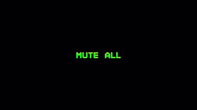 8 Bit Pixel Text "MUTE ALL" Glitch Animation. Retro Gaming Screen Message Transition. 4k video animation seamless loop