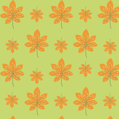 Hand drawn autumn leaf seamless pattern in orange and green