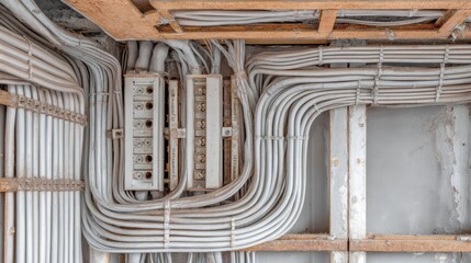 Obraz premium Intricate Arrangement of Electrical Wiring and Circuit Breakers in a Constructed Wall Showing Modern Building Infrastructure