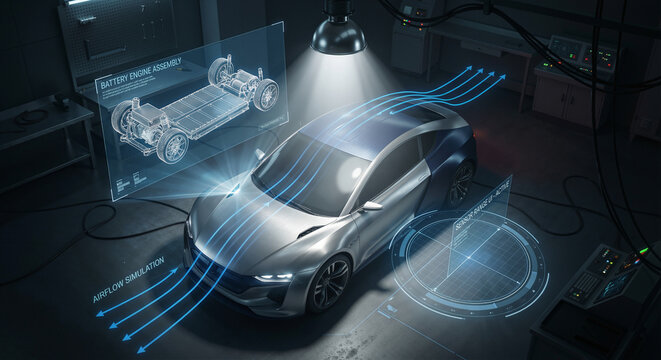 Aerodynamic airflow simulation on a modern sports car prototype in a wind tunnel lab using digital wind-flow visualization technology and sensors.