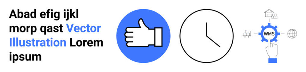 Obraz premium Business management, approval process, scheduling, time tracking, workflow, system integration. Hand giving thumbs up, clock and WMS gear with connected icons. Business management and scheduling