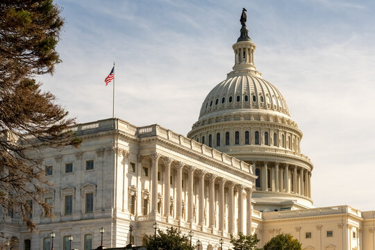 Washington, DC, USA - March 21st 2024 - The upper part of the capitol building in Washington, DC, with the American flag on top.