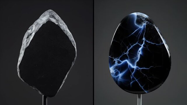 Side-by-Side Comparison of Black Stone Slices on Stands with Smooth Surfaces and Electrical