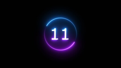 Neon countdown number on black background. Glowing neon 11 number illustration.