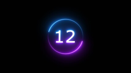 Neon countdown number on black background. Glowing neon 12 number illustration.