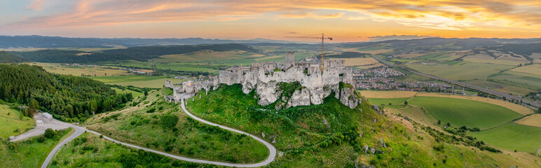 Aerial drone view of the ruins of Spis Castle in eastern Slovakia form one of the six largest castle sites in Slovakia, UNESCO Heritage listed site, Spis,Slovakia, Europe © Peter Unger