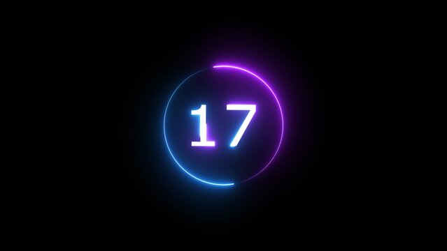 Neon countdown number on black background. Glowing neon 17 number illustration.