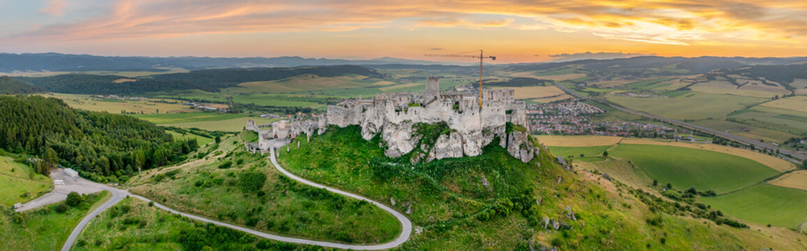 Aerial drone view of the ruins of Spis Castle in eastern Slovakia form one of the six largest castle sites in Slovakia, UNESCO Heritage listed site, Spis,Slovakia, Europe
