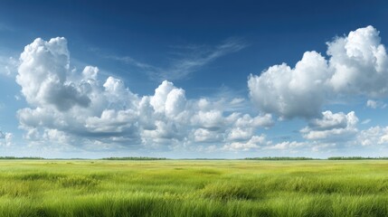 Obraz premium Expansive Green Meadow Under Bright Blue Sky with Fluffy White Clouds on a Clear Day in Nature's Serene Landscape