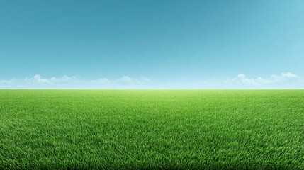 Fototapeta premium Vibrant Green Grass Field Under Clear Sky with Soft Clouds and Bright Horizon for Nature and Landscape Photography