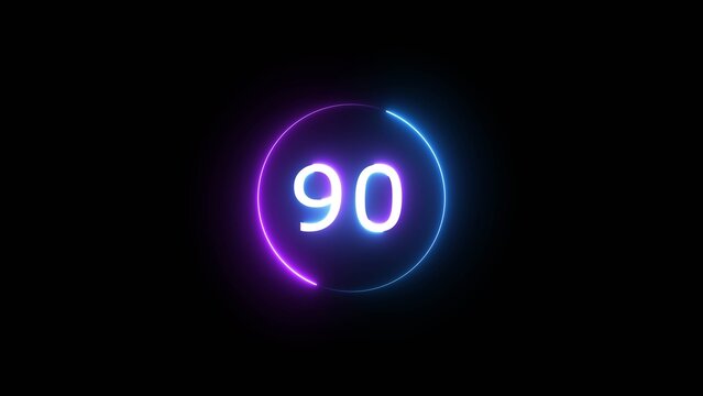 Neon countdown number on black background. Glowing neon 90 number illustration.