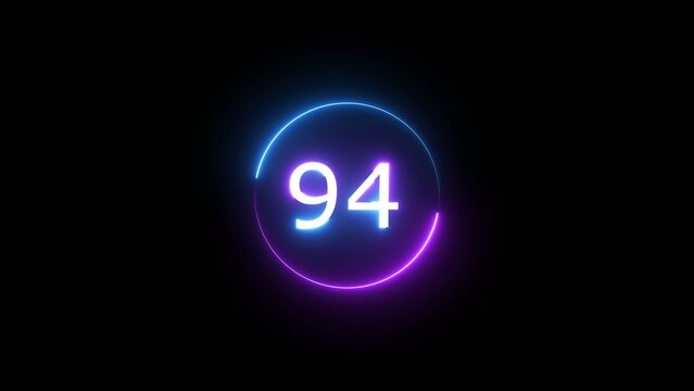 Neon countdown number on black background. Glowing neon 94 number illustration.
