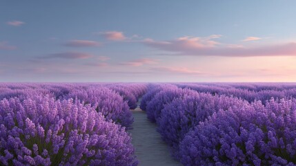 Obraz premium Breathtaking Lavender Field at Sunrise with Soft Pink Clouds and Clear Sky, Perfect for Nature Lovers and Tranquil Landscapes