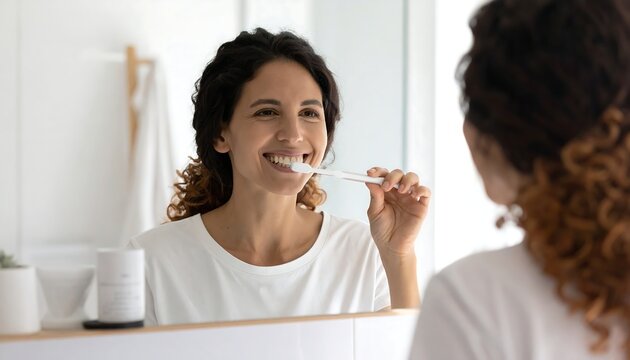 Smiling woman brushing teeth in bright bathroom reflecting healthy daily routine