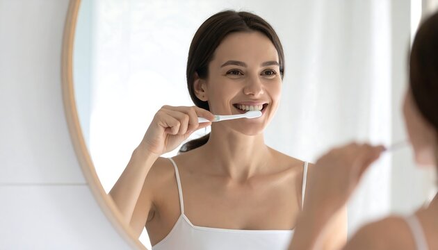 Woman brushing teeth while smiling at mirror in modern bathroom interior