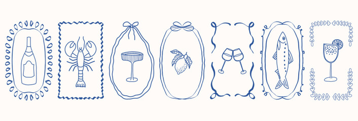 Whimsical blue hand-drawn bow frames with lemon, sardine, glass, lobster, cocktail, bottle in retro coquette style on white background. Vector set for menu, greeting cards, party decor. © Екатерина Тарасова