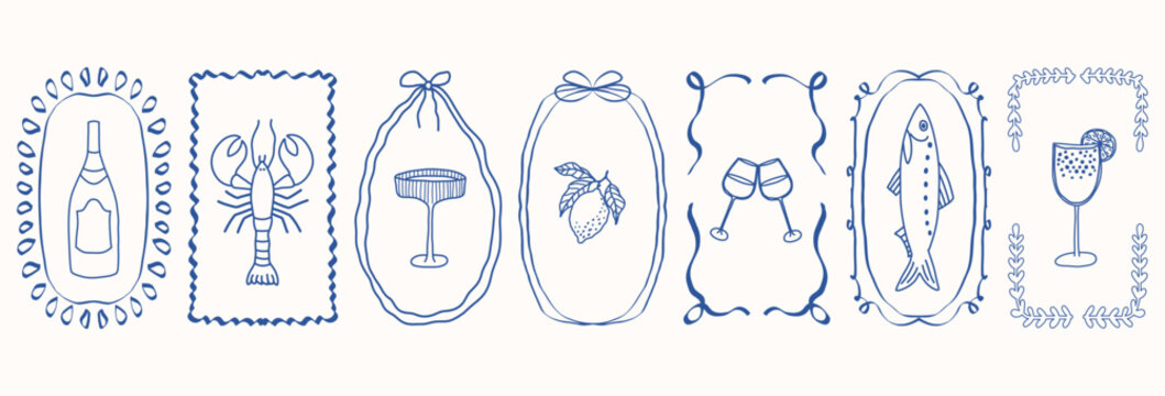 Whimsical blue hand-drawn bow frames with lemon, sardine, glass, lobster, cocktail, bottle in retro coquette style on white background. Vector set for menu, greeting cards, party decor.