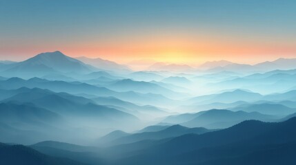 Fototapeta premium Serene Mountain Landscape at Sunrise with Soft Blue Hues and Misty Valleys under a Brightening Sky in Calm Natural Setting of Tranquility