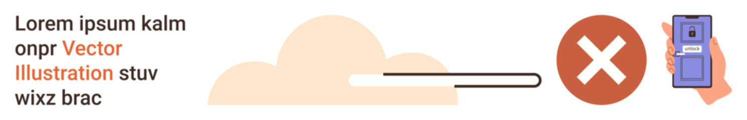 Fototapeta premium Data security, file sharing, cloud storage, technology warnings, cybersecurity, data protection. Cloud with progress bar, red cross icon hand holding a device. Data security and file sharing concept