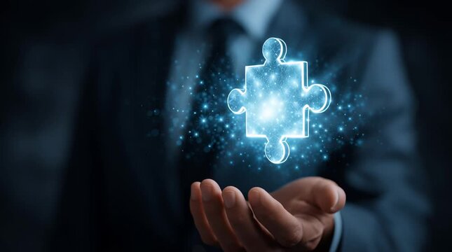 
Businessman holding a glowing puzzle piece hologram for strategic leadership and digital business planning