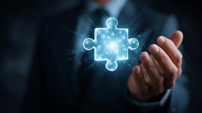 
Businessman holding a glowing puzzle piece hologram for strategic leadership and digital business planning
