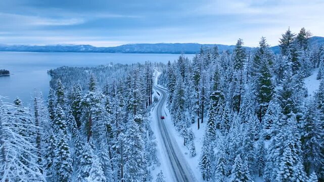 Aerial view of Emerald Bay Road winding through snow covered pine forest above Lake Tahoe. Scenic winter landscape blanketed in fresh snow. Lake Tahoe, California, USA.