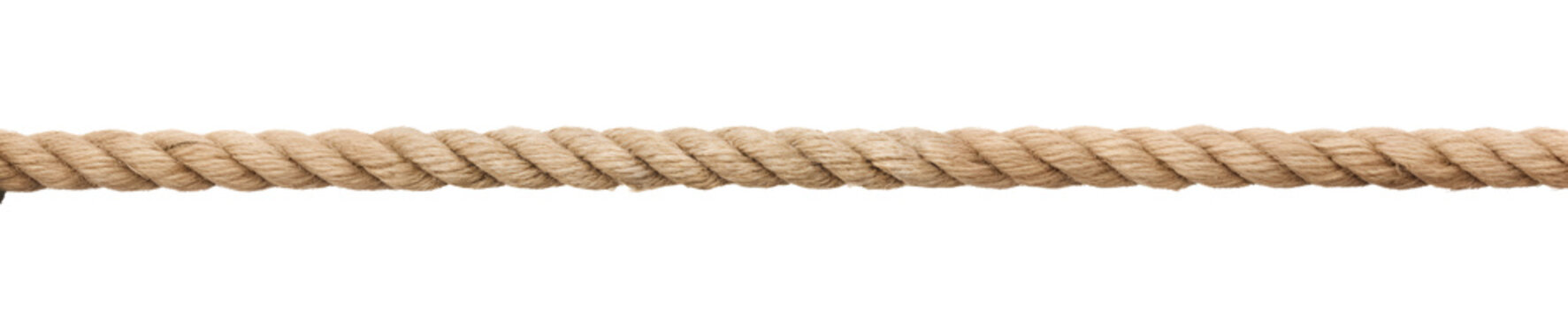 A thick natural fiber rope braided tightly showing its coarse texture stretched horizontally across the frame
