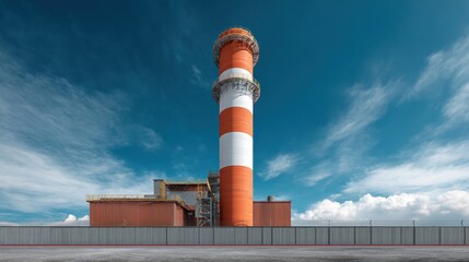 Tall industrial smokestack against clear blue sky, showcasing modern architecture and environmental considerations at a power generation facility