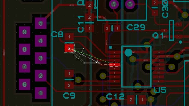 Video animation with tracing conductors of 
printed circuit board of electronic device
with components of radio elements, contact pads. 
Engineering technic education computer schematic diagram of pcb