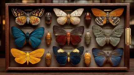A meticulously arranged collection of diverse butterflies and insects showcased in a wooden