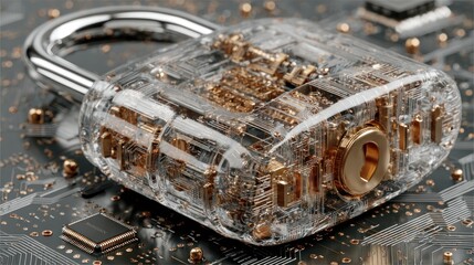 Transparent padlock with intricate circuitry inside symbolizing digital security and technology